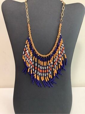 Fringed Bead Statement Necklace in Navy and Orange with Gold Accents